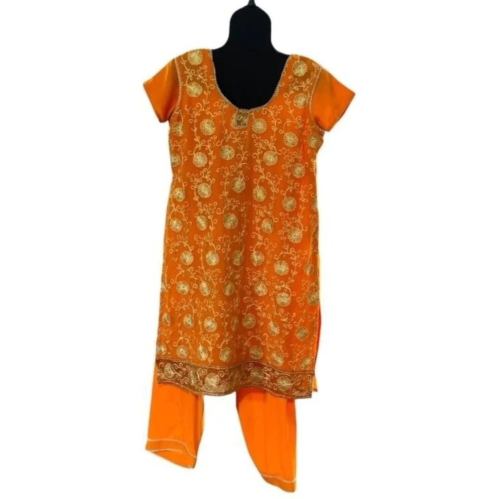 Traditional Embroidered 2-Piece Suit Vibrant‎ Orange Floral Sequin Tunic Set